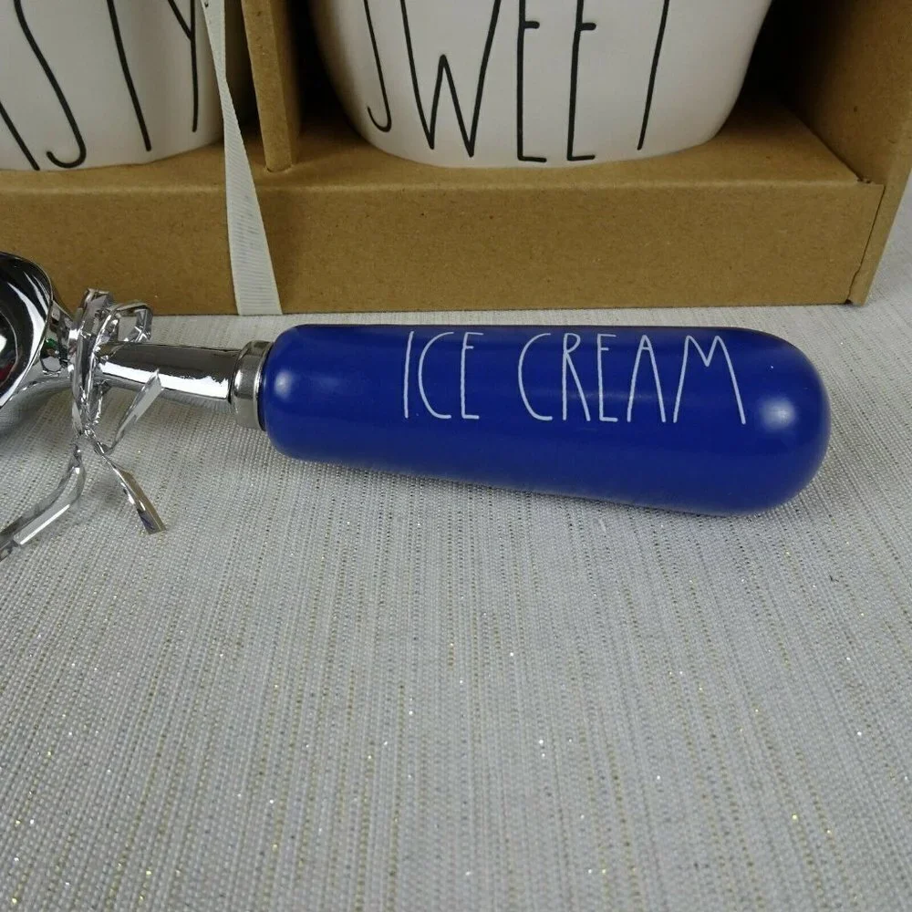 RAE DUNN Tasty And Sweet 3-PC Ice Cream Set 2 Bowls 1 Blue Scoop In Gift Box New